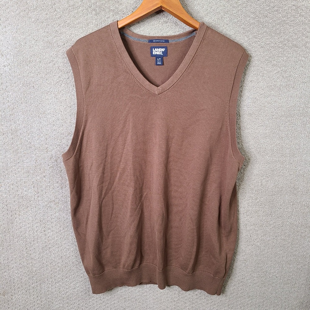 Lands End Sweater Vest Mens LT Brown V Neck Supima Cotton Sleeveless Casual‎